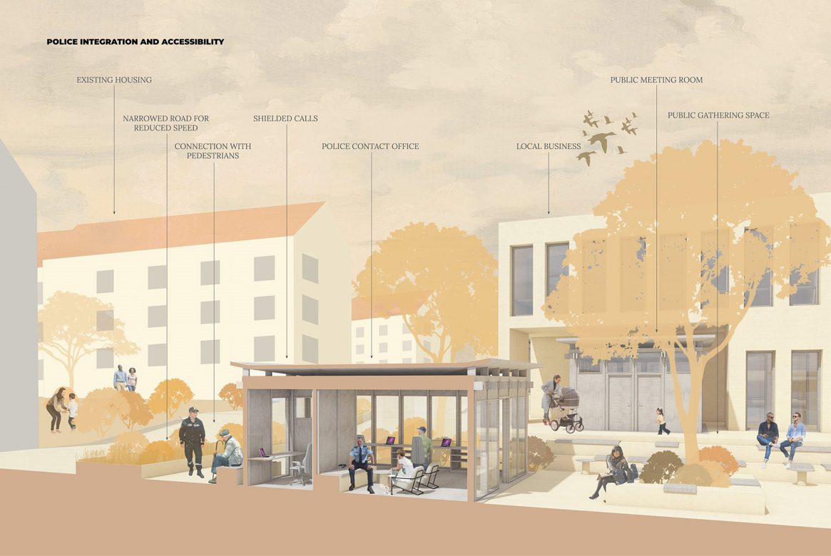 To change the ideas of authority controlling our society, the police contact office is located on the ground floor with a transparent connection to the public spaces. This to encourage a lower threshold to initiate contact and interaction.