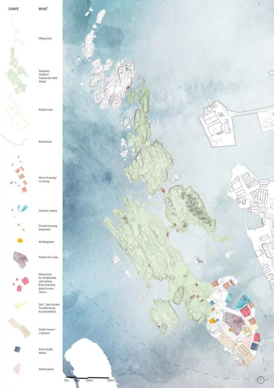 Ecosystem map for the future at Vibrandsøy, showing the new use - new living and working place - on the island