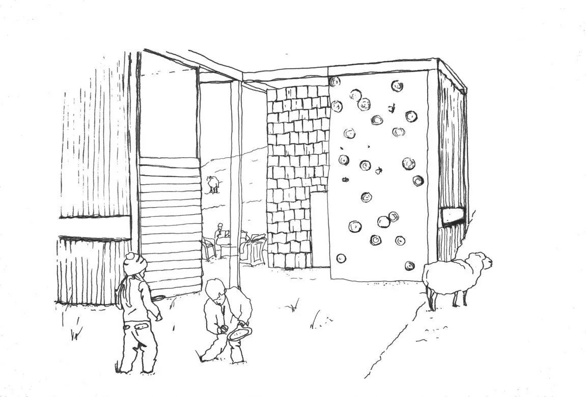 Illustration showing the spaces in between the modules/micro houses in the landscape. Also showing the materials used as facades - supporting circular economy