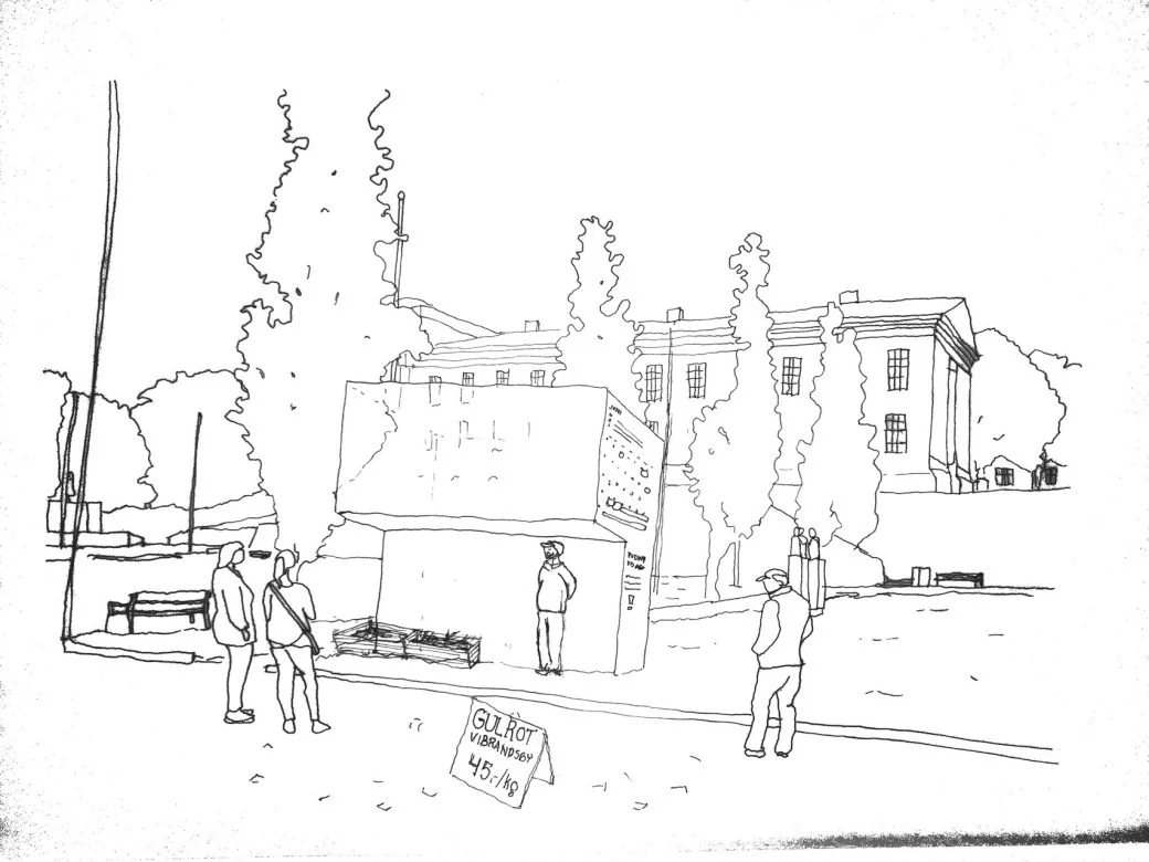 Illustration showing an adapter placed at the town square in front of the city hall, acting as a transparent stall, showroom and information board for activities happening at Vibrandsøy
