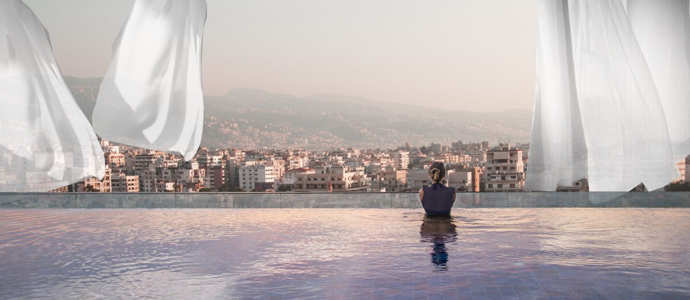 The hotel provides several other amenities to the camp residents, such as this pool with a 360 view of Beirut. Allowing residents of the crowded camp a chance to have calmer sensory experiences as well as a place to take selfies.