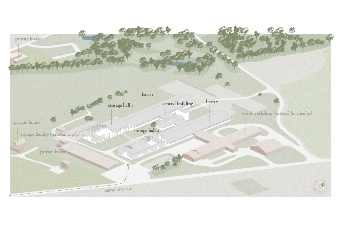 Axonometry of the former Oruvälja dairy farm complex (built in 1974-75).