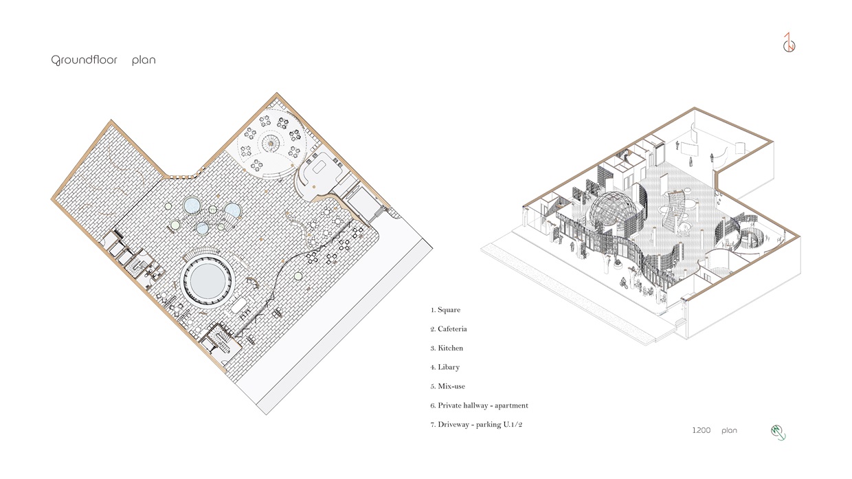 Ground floor plan + Program perspective