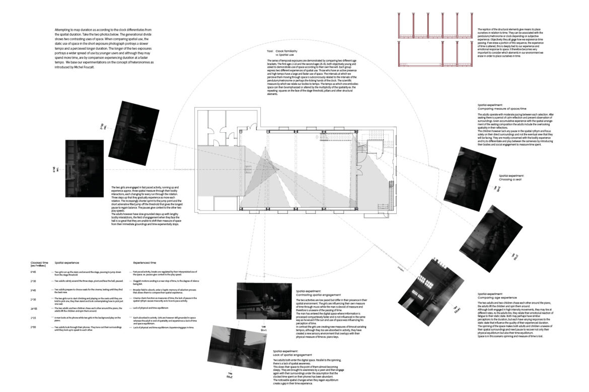 Spatiality of Time - Attempting to map duration as according to the clock differentiates from the spatial duration. We base our experimentations on the concept of heteronomies as introduced by Michel Foucalt.