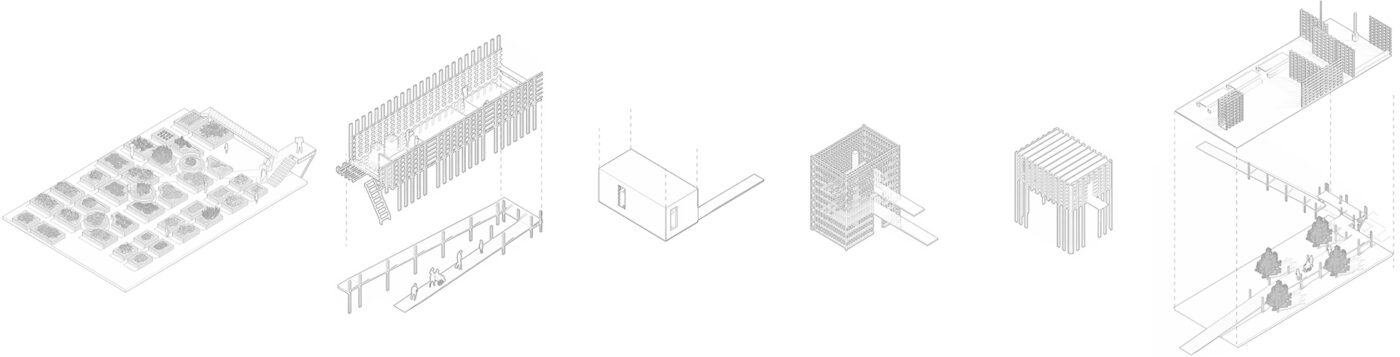 From left: monastery garden, coloring studio with new infrastructure beneath, library mounted from the ceiling, structure to dry plants, kitchen, social space with garden to cultivate fruit and berries beneath.