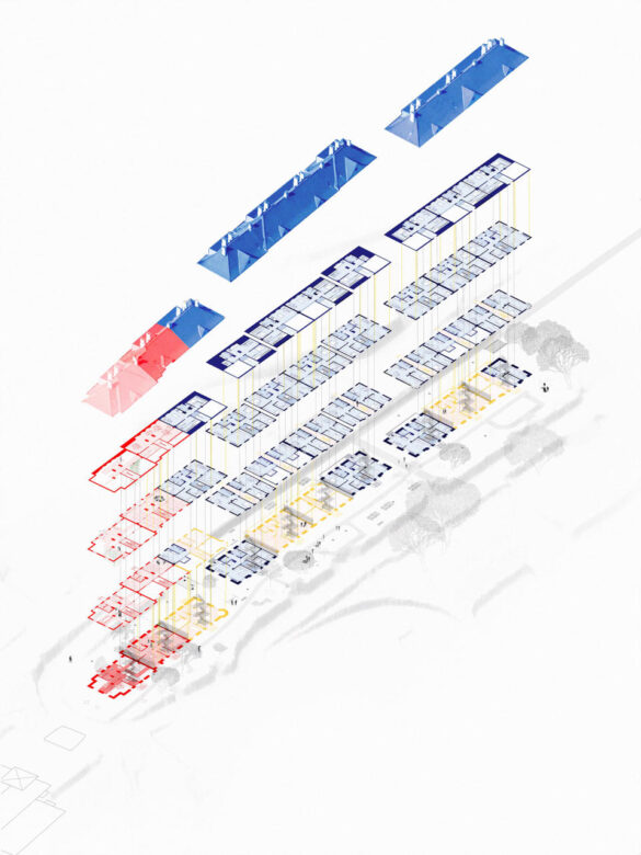 Programatic axonometric. Red:public Blue:private Yellow:shared space for the private
