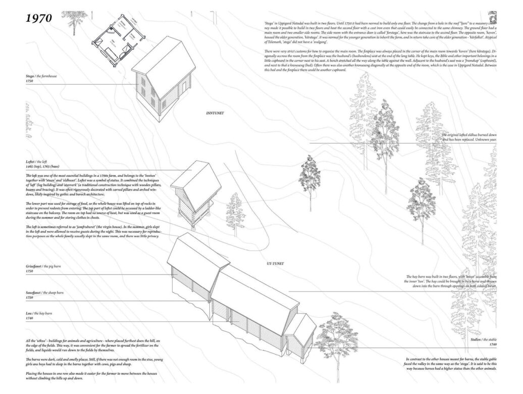 Axonometry of the situation in 1970 with log houses remaining from the 18th century