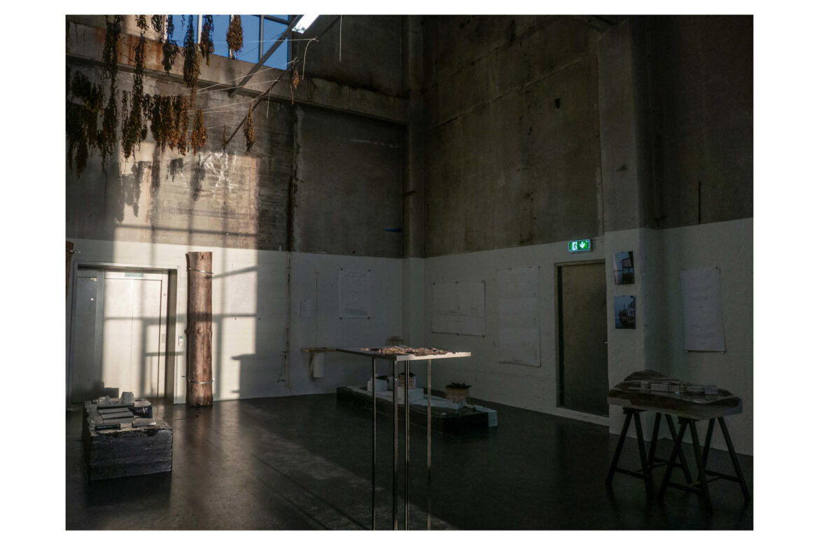 Photo from the exhibition; drawings, models, photos, books, seaweed drying from the roof and the entire floor painted dark blue to represent the sea in the 1:50 model