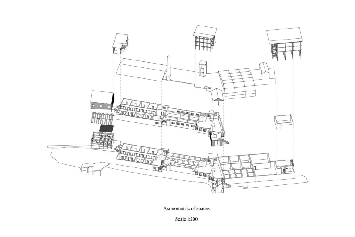Axonometric drawing showing the different spaces, old and new.