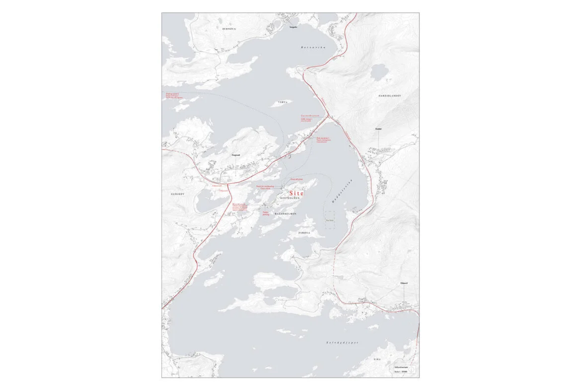 Map of the island Hestholmen where the factory is and it’s surroundings, showing how the new programme can connect to the already existing infrastructure – old docks, bridges, ferries, county roads and the route of Hurtigruten