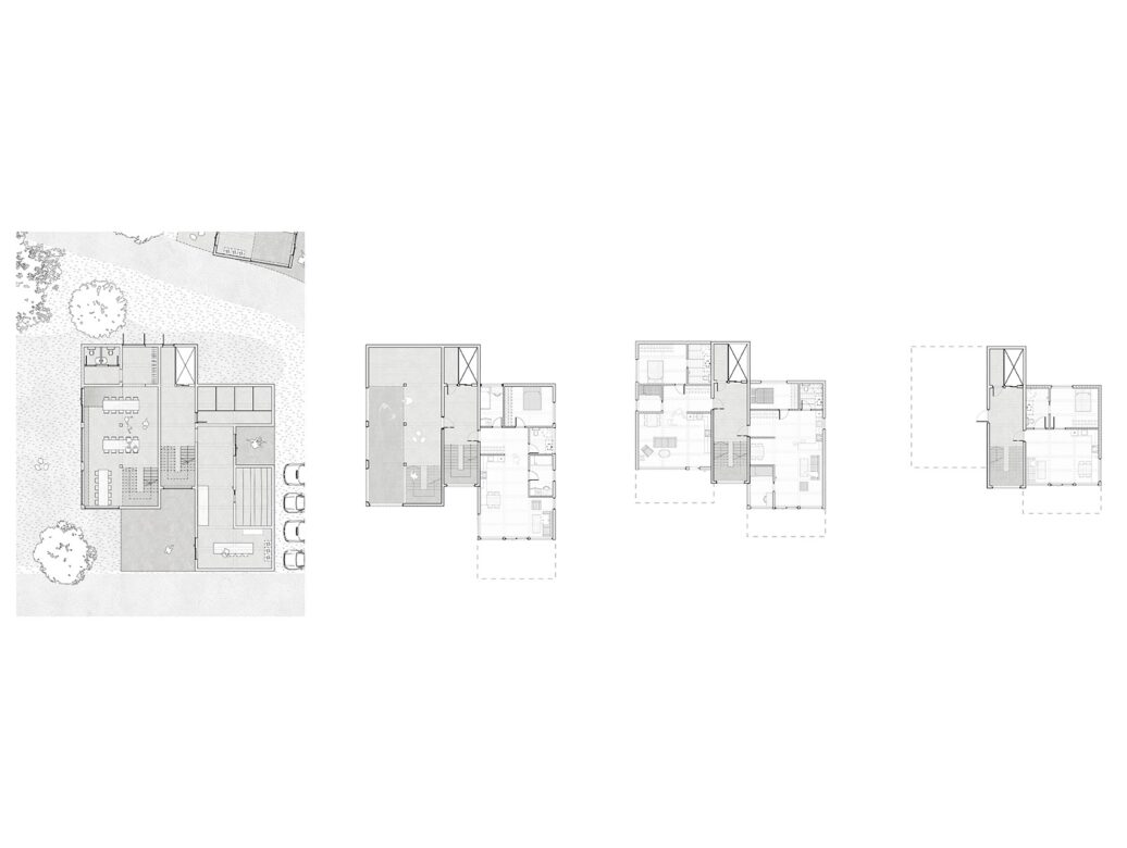 Floors of building type 3. Common hall and laundry room on ground floor, upper area of common hall and three bedroom apartment in first floor, elderly apartment and two bedroom apartment in second floor, sun deck and social unit in third floor. 1:100