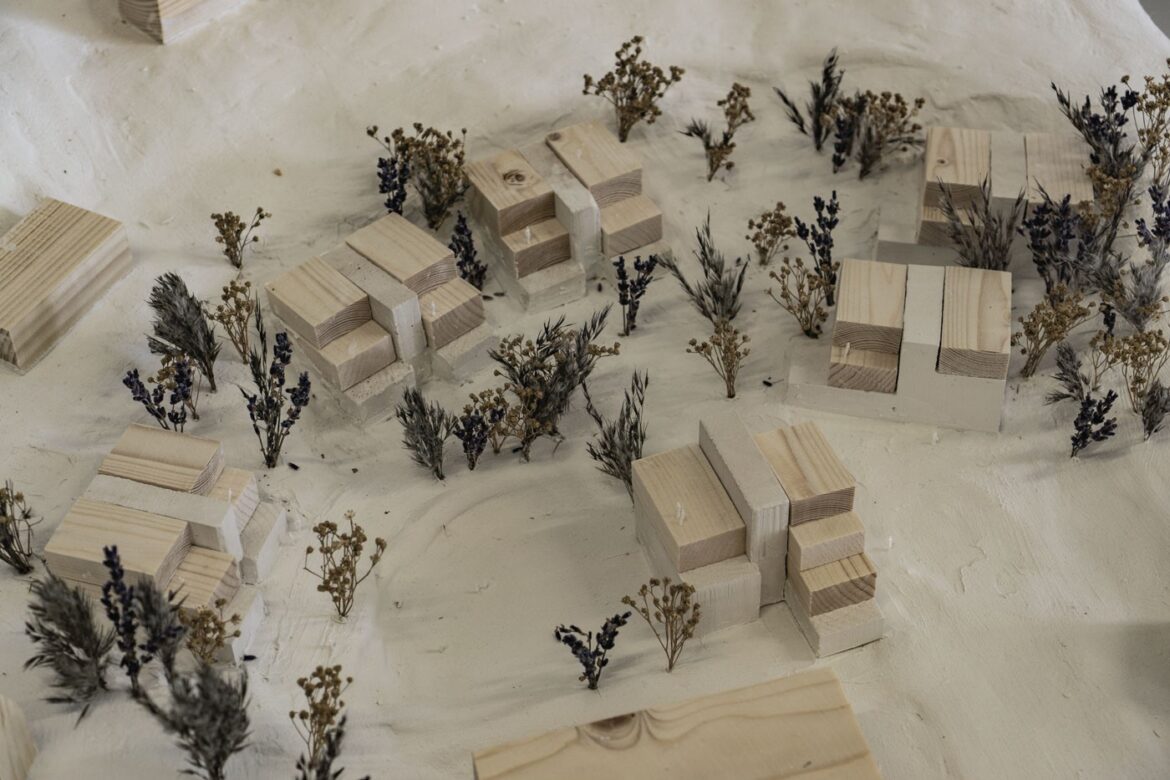 Model Photo 1:200, shared spaces in plaster/spackle, private unites in wood