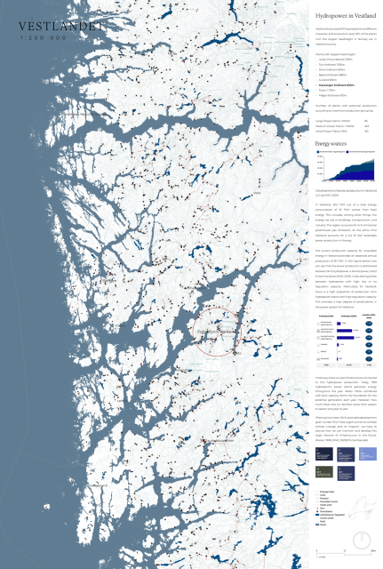 Map of Vestland 1:250 000 showing all power plants in the county