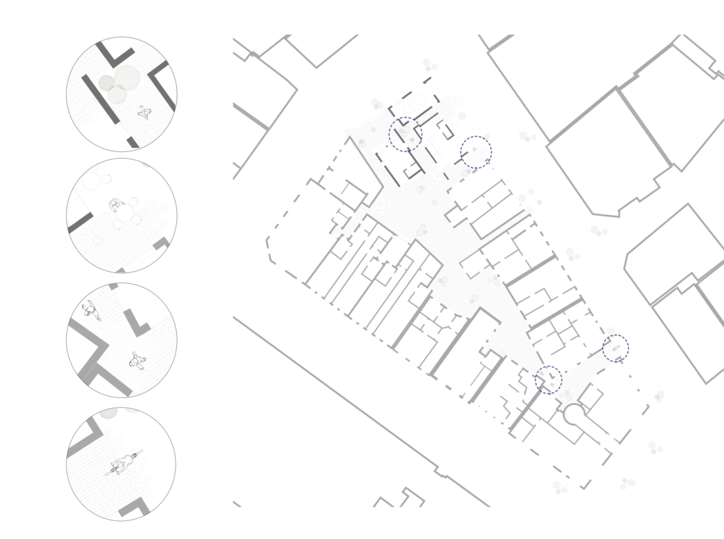 Zoom in on the entrances into the courtyard - The shape of the courtyard transitions from a very large open space to narrow, tight passages. By opening parts of the courtyard, it becomes easier to access, both for residents and for those coming from the outside. The openings are without gates or fences, allowing people from outside to wander through the small passages.