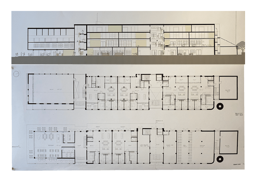 Section A-A from east, plan ground floor and 1. floor