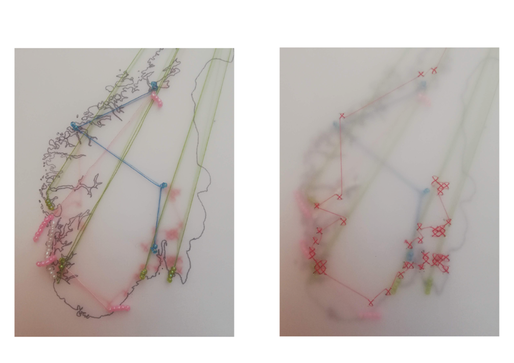 Left; Map showing location of kyrkens bymission, a non-profit helping sex workers amongst others, right; Map showing travel paths of sex workers in Norway, number of beads showing the number of days they are in 1 location.