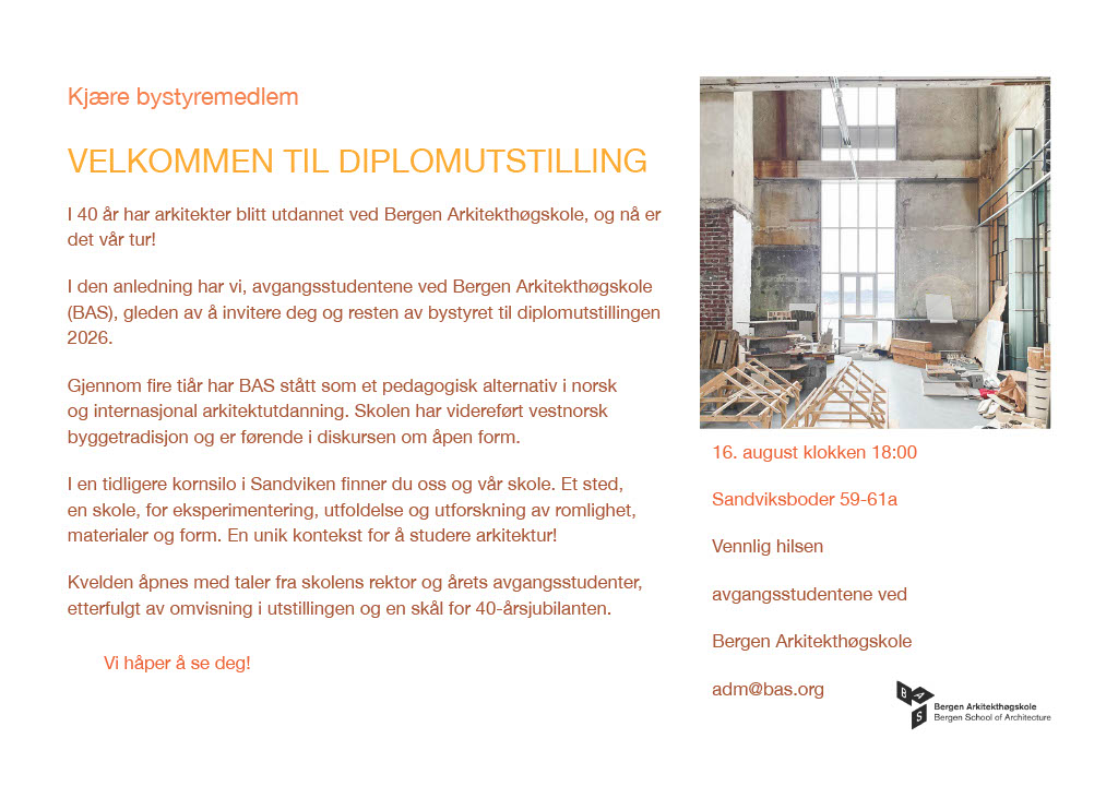 BAS-studenter inviterer Bergen bystyre til diplomutstillingen 2026